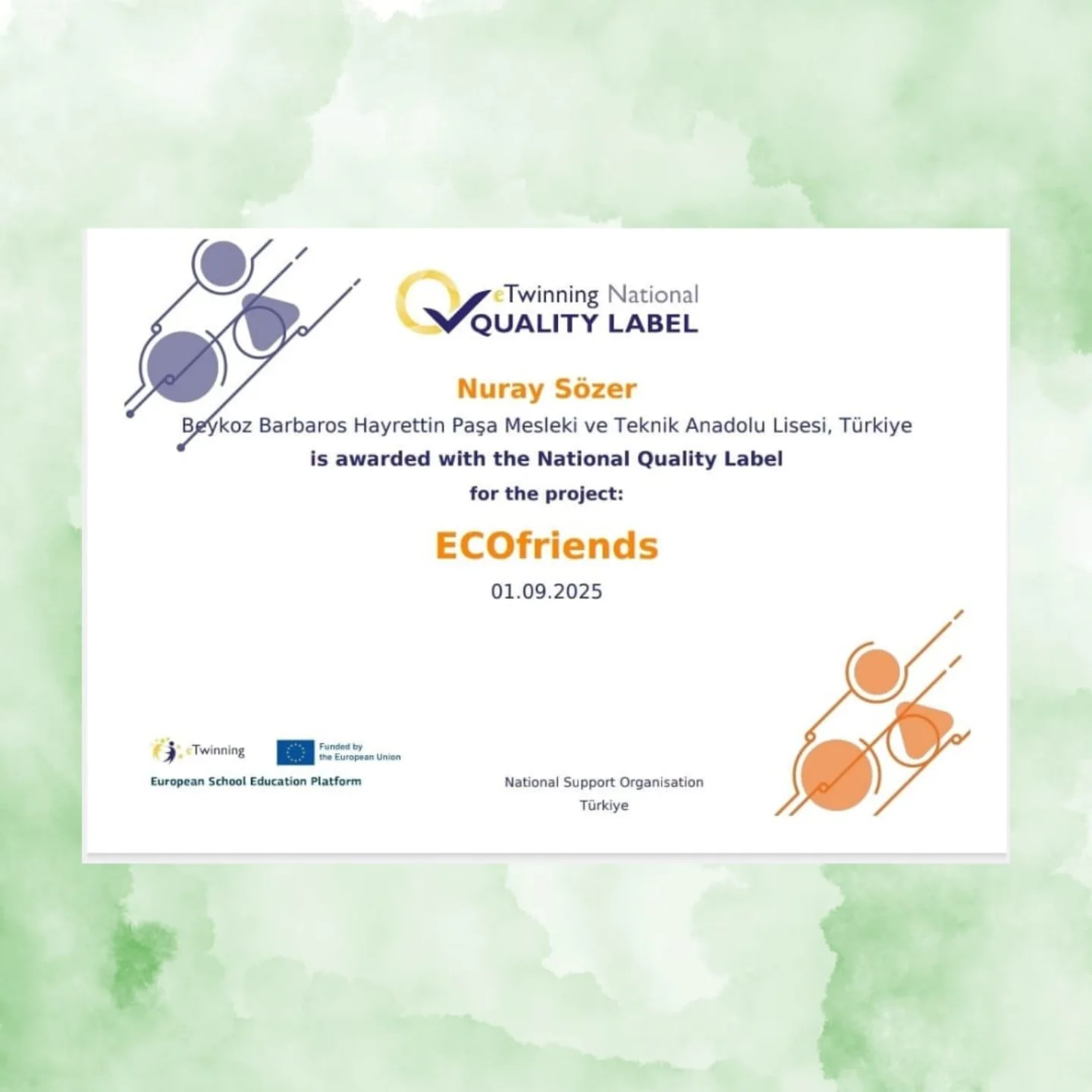 eTwinning projemiz "ECOFriends" Ulusal Kalite Etiketi almaya hak kazanmıştır. Emeği geç…